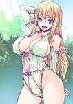  absurdres arm_up blonde_hair blue_eyes bosshi breasts collarbone covered_nipples cowboy_shot day detached_sleeves elf enty_reward highres large_breasts long_hair looking_at_viewer open_mouth original outdoors paid_reward pointy_ears pussy_peek sketch smile solo 