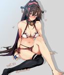  2016 adapted_costume arm_support asymmetrical_legwear bare_shoulders bikini black_hair black_legwear blush breasts brown_eyes cherry_blossoms cleavage closed_mouth commentary_request dated drop_shadow flower full-face_blush hair_flower hair_ornament headgear heart kantai_collection large_breasts long_hair looking_at_viewer navel nose_blush ponytail rib:y(uhki) shiny shiny_skin side-tie_bikini sidelocks single_over-kneehigh single_thighhigh sitting skindentation smile solo stomach swimsuit thighhighs twitter_username very_long_hair yamato_(kantai_collection) 