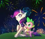  4_fingers blue_eyes dragon duo equine fan_character female feral fireworks friendship_is_magic fur grass green_eyes hair hooves horn ka-samy mammal my_little_pony night open_mouth outside purple_hair sitting spike_(mlp) standing teeth tongue unicorn white_fur 