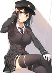  akitsu_maru_(kantai_collection) alternate_skin_color black_eyes black_hair black_hat black_legwear black_neckwear blush breasts commentary_request crossed_legs gloves hat kantai_collection large_breasts looking_at_viewer military military_hat military_uniform necktie peaked_cap pleated_skirt short_hair sitting skirt smile solo thighhighs uniform white_gloves yappen 