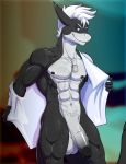  anthro balls clothed clothing fish half-erect humanoid_penis looking_at_viewer male marine muscular muscular_male open_shirt pecs penis shark smile solo standing tridark vein 