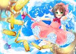  :d antenna_hair brown_hair cardcaptor_sakura clow_card fuuin_no_tsue gloves green_eyes hanamiya_natsuka hat kinomoto_sakura magical_girl open_mouth pink_hat short_hair smile solo thighhighs wand white_gloves wings 