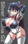  black_hair breasts cleavage covered_nipples hat huge_breasts long_hair mask naniwadou red_eyes shiny shiny_skin solo 