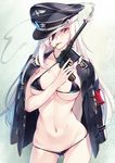  ass_visible_through_thighs bikini black_bikini blonde_hair breasts cowboy_shot gun handgun hat highres ikeda_yasuhiro large_breasts long_hair mauser_c96 micro_bikini military military_uniform navel nazi original peaked_cap red_eyes revision shell_casing solo swastika swimsuit uniform weapon 