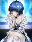  blue_hair bra breasts brown_eyes chin_rest choker closed_mouth collarbone crossed_legs hizuki_akira jewelry labcoat looking_at_viewer nail_polish necklace off_shoulder pale_skin persona persona_5 purple_bra red_nails seiza short_hair sitting small_breasts smile solo takemi_tae underwear upper_body white_coat 