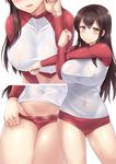  :d akagi_(kantai_collection) alternate_costume bangs blush breasts brown_eyes brown_hair buruma buruma_pull closed_mouth commentary_request covered_nipples head_out_of_frame kantai_collection large_breasts leaning_forward long_hair looking_at_viewer multiple_views no_bra open_mouth pulled_by_self rash_guard sama_samasa simple_background smile stretch sweat white_background 