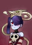  1girl bare_shoulders blue_hair blue_skin blush detached_collar detached_sleeves garakuta hair_over_one_eye leviathan_(skullgirls) red_eyes side_ponytail skull skullgirls squigly_(skullgirls) stitched_mouth stitches striped striped_sleeves zombie 