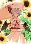  ascot bat_wings brooch closed_eyes collarbone cowboy_shot field flower flower_field frilled_sleeves frills grin hair_between_eyes hat holding holding_umbrella hosomitimiti jewelry lavender_hair mob_cap pink_shirt pink_skirt puffy_short_sleeves puffy_sleeves red_ribbon remilia_scarlet ribbon shirt short_hair short_sleeves skirt skirt_set smile solo sunflower touhou umbrella vampire wings wrist_cuffs 