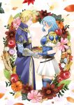  1boy 1girl absurdres apple armor ascot autumn_leaves belt blonde_hair blue_gloves blue_hair breastplate circlet closed_mouth commentary_request fingerless_gloves fire_emblem fire_emblem:_the_binding_blade food fruit fruit_basket gloves gold_trim highres klein_(fire_emblem) midori_no_baku short_hair shoulder_armor thea_(fire_emblem) white_ascot white_gloves 