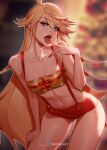  absurdres blonde_hair blue_eyes breasts collarbone covered_nipples highres inhoso lips long_hair midriff navel panty_&amp;_stocking_with_garterbelt panty_(psg) red_shorts shorts small_breasts strapless suspenders tongue tongue_out tube_top 