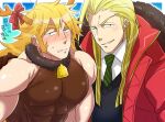  2boys animal_costume antlers bara bell character_request christmas covered_nipples huge_eyebrows large_pectorals long_hair looking_at_viewer male_focus multiple_boys muscular muscular_male neck_bell osu!_banchou pectorals reindeer_antlers reindeer_costume seductive_smile shirt short_hair shy sleeveless sleeveless_shirt smile sugo6969 taut_clothes taut_shirt textless_version thick_eyebrows translation_request upper_body yaoi 