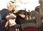  bandages belt black_gloves blonde_hair breasts budget_sarashi cannon capelet dark_skin fingerless_gloves front-tie_top glasses gloves hair_between_eyes headgear kantai_collection kinta_(distortion) large_breasts light_smile machinery musashi_(kantai_collection) navel pointy_hair red_eyes remodel_(kantai_collection) sakuramon sarashi semi-rimless_eyewear short_hair short_hair_with_long_locks simple_background smile smokestack solo turret two_side_up under-rim_eyewear underboob white_background wind 