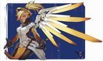  2016 armor artist_name black_gloves blonde_hair blue_eyes bodysuit breastplate breasts brown_legwear chan_shi closed_mouth cowboy_shot dated earrings faulds gloves headgear high_collar highres jewelry lips loincloth long_hair long_sleeves mechanical_halo mechanical_wings medium_breasts mercy_(overwatch) outstretched_arms overwatch pantyhose pelvic_curtain pink_lips ponytail signature skin_tight solo spread_wings stud_earrings swiss_flag turtleneck wing_print wings yellow_wings 
