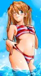  1girl bikini blue_eyes blush breasts cleavage dan_da_dan86 highres interface_headset long_hair neon_genesis_evangelion souryuu_asuka_langley striped striped_bikini swimsuit two_side_up 