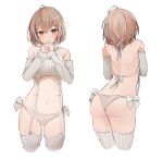  1girl ahoge alternate_costume alternate_hair_length alternate_hairstyle back blush brown_eyes brown_hair english_commentary flying_sweatdrops hair_ornament hairpin highres hololive hololive_english looking_at_viewer midriff multicolored_hair multiple_views nanashi_mumei navel open_mouth panties ribbed_panties ribbed_sweater short_hair shuuzo3 simple_background skindentation sleeveless sleeveless_sweater stomach streaked_hair sweat sweater thighhighs underwear virgin_destroyer_sweater virtual_youtuber white_background white_hair white_panties white_sweater white_thighhighs 