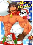  1boy abs animal_costume antlers bara bell blush christmas cowboy_shot creature dark-skinned_male dark_skin falling forked_eyebrows huge_eyebrows large_pectorals long_hair long_sideburns male_focus merry_christmas muscular muscular_male neck_bell nipples osu!_banchou panda pectorals red_headwear reindeer_antlers reindeer_costume sanpaku shiny_skin sideburns solo spiked_hair sugo6969 todoroki_kongou torn_bag 