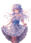  1girl alternate_costume angel_beats! bare_shoulders blue_bow blue_bowtie bow bowtie commentary_request dress feet_out_of_frame flower frilled_dress frills goto_p grey_hair hair_flower hair_ornament hairband long_hair simple_background skirt_hold solo tachibana_kanade white_background white_dress white_hairband yellow_eyes 