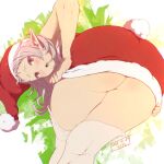  1girl artist_name ass ass_focus bare_arms blush christmas dated dress dress_tug elf fake_tail from_behind fur-trimmed_dress fur-trimmed_headwear fur_trim hat highres kiyo_(a_sam_ko) leaning_forward looking_at_viewer mushoku_tensei open_mouth parted_bangs pointy_ears rabbit_tail red_dress red_eyes santa_costume santa_hat short_dress solo strapless strapless_dress sylphiette_(mushoku_tensei) tail thighhighs thighs white_hair white_tail white_thighhighs 