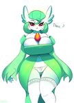  2016 big_breasts blush breasts cleavage clothed clothing don_ko english_text female gardevoir humanoid legwear looking_at_viewer nintendo panties pok&eacute;mon simple_background solo text thick_thighs underwear video_games white_background wide_hips 