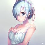  bare_shoulders blue_eyes blue_hair bow breasts camisole cleavage collarbone gradient gradient_background hair_ornament hair_over_one_eye hand_on_own_chest highres lips looking_at_viewer medium_breasts parted_lips pdxen re:zero_kara_hajimeru_isekai_seikatsu rem_(re:zero) short_hair signature solo strap_slip upper_body x_hair_ornament 