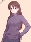  1girl absurdres azumanga_daioh blue_pants blue_sweater brown_eyes brown_hair closed_mouth glasses highres kurumimi_birb long_hair mizuhara_koyomi pants simple_background smile solo sweater turtleneck turtleneck_sweater yellow_background 