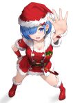  1girl :d bell belt blue_eyes blue_hair blush boots breasts christmas cleavage commentary_request foreshortening from_above full_body fur_trim gibun_(sozoshu) hair_ornament hair_over_one_eye hand_up hat highres holly large_breasts light_blush looking_at_viewer open_mouth re:zero_kara_hajimeru_isekai_seikatsu red_footwear rem_(re:zero) santa_boots santa_costume santa_hat short_hair short_sleeves simple_background smile solo standing white_background x_hair_ornament 