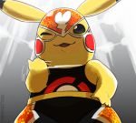  2018 ambiguous_gender clothed clothing cosplay_pikachu digital_drawing_(artwork) digital_media_(artwork) hand_on_waist hisashino looking_at_viewer low-angle_view nintendo one_eye_closed open_mouth open_smile pikachu pikachu_libre pok&eacute;mon pok&eacute;mon_(species) smile solo standing video_games yellow_body 