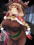  1girl absurdres alternate_costume animal_costume animal_hood antlers braid breasts capelet christmas cloud_hair_ornament fake_antlers fur-trimmed_capelet fur-trimmed_gloves fur_trim gloves gradient_hair grey_hair hand_up highres hood indoors kantai_collection large_breasts light_brown_hair long_hair low_twin_braids minegumo_(kancolle) multicolored_hair one_eye_closed red_capelet red_eyes red_gloves reindeer_antlers reindeer_costume reindeer_hood shigatsu_(soratobuusagi) solo twin_braids 