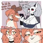 1:1 anthro biped breasts canid canid_demon demon dialogue duo elzzombie female fur grey_body grey_fur hellhound helluva_boss hi_res loona_(helluva_boss) male male/female mammal orange_body orange_fur red_sclera white_body white_eyes white_fur