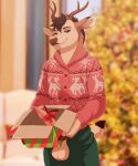 2023 5:6 accessory animal_genitalia animal_penis anthro antlers balls blurred_background bottomwear box brown_antlers brown_body brown_eyes brown_fur brown_hair brown_hooves brown_nose button_(fastener) cervine_genitalia cervine_penis christmas christmas_clothing christmas_sweater christmas_topwear christmas_tree clothed clothing container deer detailed_background dick_in_a_box digital_drawing_(artwork) digital_media_(artwork) dipstick_tail erection eyebrows feral feral_on_feral fingers fur fuzzy_balls genitals gift_box grin grinning_at_viewer hair hi_res holding_box holding_container holding_object holidays hooved_fingers hooves horn lawkie looking_at_viewer male mammal markings mule_deer new_world_deer nub_tail open_bottomwear open_clothing open_pants pants penis penis_accessory penis_bow penis_ribbon pink_penis plant presenting presenting_penis quadruped red_bow reindeer ribbons smile snowflake_pattern solo spruce_(purrtyflower) standing sweater sweatpants tail tail_markings tan_body tan_fur teeth topwear tree