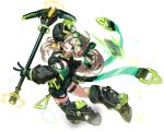  1girl :d artist_request belt black_bow black_footwear black_thighhighs bow brown_hair buckle elsword eyewear_on_head fingerless_gloves full_body gem gembliss_(elsword) glasses gloves green-tinted_eyewear green_eyes green_shorts green_socks hair_bow holding holding_pickaxe jewelry kneehighs kneepits lithia_beryl_(elsword) long_hair looking_at_viewer necklace open_mouth pickaxe ponytail shoes shorts single_kneehigh single_sock single_thighhigh smile socks solo thighhighs tinted_eyewear transparent_background v 