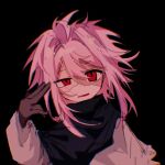  1boy black_background black_shawl brown_gloves chromatic_aberration gloves grey_shirt hair_between_eyes hair_intakes hand_up linmu85496 long_sleeves looking_at_viewer male_focus nijou_ryuu open_mouth patchwork_skin pink_hair red_eyes saibou_shinkyoku shawl shirt short_hair_with_long_locks simple_background sketch solo uneven_eyes 