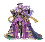  1girl armor bare_shoulders breasts camilla_(alluring_darkness)_(fire_emblem) camilla_(fire_emblem) cleavage copyright_name detached_sleeves dress fire_emblem fire_emblem_fates fire_emblem_heroes frilled_dress frills full_body gloves hair_over_one_eye large_breasts long_hair looking_at_viewer official_alternate_costume okuma_mai pantyhose purple_eyes purple_gloves purple_hair purple_pantyhose smile solo tiara very_long_hair wavy_hair 