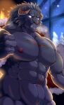 abs absurd_res anthro blush christmas christmas_clothing clothed clothing eyebrows hi_res holidays horn krampus_(housamo) lifewonders looking_at_viewer male monster muscular muscular_anthro muscular_male navel nipples pecs pubes snow solo tamineko thick_eyebrows tokyo_afterschool_summoners topless tusks undressing
