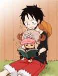  2boys black_eyes black_hair book feet_out_of_frame full_body grey_headwear hand_on_own_face hat hat_on_back holding holding_book male_focus monkey_d._luffy multiple_boys on_grass on_ground on_lap one_piece oversized_hat pokesumomo reading reindeer scar scar_on_cheek scar_on_face short_hair sitting straw_hat tony_tony_chopper 