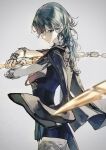  1girl armor black_armor black_jacket black_shorts blue_eyes blue_hair brown_thighhighs byleth_(female)_(fire_emblem) byleth_(fire_emblem) closed_mouth fire_emblem fire_emblem:_three_houses grey_background hair_between_eyes highres holding holding_sword holding_weapon jacket jacket_on_shoulders lkppp long_hair looking_at_viewer shorts simple_background solo sword sword_of_the_creator thighhighs weapon 