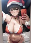  1girl :o bare_shoulders bell black_hair blush bra breasts brown_eyes cellphone choker cleavage commentary ear_piercing highres holding holding_phone indoors konata_(kankin_jk) large_breasts long_hair long_sleeves looking_at_viewer mishiranu_joshikousei_ni_kankin_sareta_mangaka_no_hanashi mole mole_on_neck nail_polish navel open_mouth panties phone piercing red_bra red_choker red_nails red_panties revision ryouma_(galley) selfie smartphone solo symbol-only_commentary underwear 