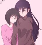  2girls absurdres azumanga_daioh black_eyes black_hair brown_sweater closed_eyes closed_mouth highres kaori_(azumanga_daioh) kurumimi_birb long_hair multiple_girls pink_sweater sakaki_(azumanga_daioh) short_hair sweater turtleneck turtleneck_sweater yuri 