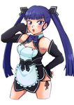  apron bangs bare_shoulders black_panties blue_eyes blue_hair blunt_bangs blush bow bowtie breasts cleavage commentary_request cropped_legs detached_sleeves dream_c_club_(series) dream_c_club_gogo. eyebrows eyebrows_visible_through_hair hand_on_hip long_hair medium_breasts panties parted_lips rinrin_(dream_c_club_gogo.) ryoko_(tbtrk1026) side-tie_panties solo twintails underwear 