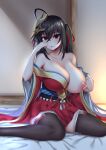  1girl absurdres abukobato azur_lane black_hair black_thighhighs breasts cleavage hair_between_eyes highres huge_breasts huge_nipples indoors japanese_clothes jewelry kimono licking licking_finger long_hair long_sleeves looking_at_viewer mask mask_on_head nipples on_bed one_breast_out red_kimono ring solo taihou_(azur_lane) thighhighs tongue tongue_out upper_body very_long_hair wedding_ring wide_sleeves zettai_ryouiki 