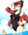  1girl bangs bare_shoulders black-framed_eyewear black_swimsuit blonde_hair blue_sky blush breasts brown_eyes brown_hair closed_mouth cloud cloudy_sky collarbone covering_eyes cowboy_shot day embarrassed glasses hair_bun hand_on_headwear hat heart innertube island jacket junkrat_(overwatch) large_breasts mechanical_arm mei_(overwatch) ocean off_shoulder one-piece_swimsuit open_clothes open_jacket open_mouth outdoors overwatch palm_tree partially_submerged perio_67 red_jacket short_hair sidelocks sky swept_bangs swimsuit swimsuit_under_clothes tree visor_cap wading water whistle 