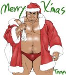  1boy arm_hair bara bare_pectorals belly briefs bulge chest_hair christmas dark-skinned_male dark_skin feet_out_of_frame goatee_stubble hairy hand_hair hat large_pectorals male_focus male_underwear merry_christmas muscular muscular_male navel_hair nipples no_pants original pectorals plump red_headwear red_male_underwear santa_costume santa_hat short_hair sideburns_stubble solo standing tama_(g-men) thick_eyebrows thighs_together underwear 