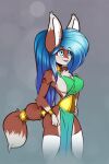 2:3 animal_ears anthro arm_tattoo big_breasts blue_eyes blue_hair breasts brown_body brown_fur brown_hair clothing fur gold grey_background hair hand_on_hip hand_on_own_hip hi_res legwear long_ears multicolored_body multicolored_fur open_mouth scorpdk shoulder_tattoo simple_background smile tail tattoo thigh_highs two_tone_body two_tone_fur white_body white_fur zircona_(scorpdk)