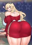  1girl :o ? apron ass back bare_shoulders barghest_(fate) blonde_hair blush breasts christmas_tree criss-cross_strings crossed_bangs dress fate/grand_order fate_(series) from_behind green_eyes hair_between_eyes harurukan heterochromia highres horns huge_ass huge_breasts leaning_on_table long_hair looking_at_viewer median_furrow muscular muscular_female red_dress red_eyes solo strapless strapless_dress tall_female teeth thick_thighs thighs upper_teeth_only very_long_hair white_apron 