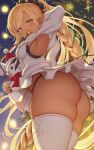  1girl ass blonde_hair braid braided_ponytail breasts christmas commentary_request dark-skinned_female dark_skin granblue_fantasy green_hair helel_ben_shalem highres long_hair looking_at_viewer medium_breasts multicolored_hair orange_eyes pacifier red_hair snowman solo standing sweater thighhighs very_long_hair white_sweater white_thighhighs yasojima_nejiro 