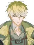  1boy absurdres blonde_hair blue_eyes bulletproof_vest gradient_hair hair_between_eyes highres jacket keita_kg85 male_focus multicolored_hair nijisanji nijisanji_en open_clothes open_jacket simple_background smile solo sonny_brisko sonny_brisko_(1st_costume) virtual_youtuber white_background white_hair 