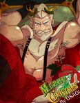  1boy absurdres arms_up artist_request bara beard christmas crown excessive_armpit_hair facial_hair feet_out_of_frame hat highres huge_eyebrows male_focus mature_male merry_christmas muscular muscular_male navel_hair nipples old old_man original pectorals red_headwear santa_costume santa_hat short_hair solo spread_legs suspenders tattoo thick_beard thick_chest_hair thick_eyebrows thick_mustache v-shaped_eyebrows 