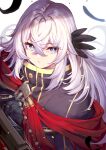  1girl black_cloak blue_eyes cloak fate/grand_order fate_(series) feather_hair_ornament feathers hair_between_eyes hair_ornament high_collar highres layered_clothes long_hair looking_at_viewer ninoude_(ninoude44) red_cloak saika_magoichi_(fate) sidelocks solo white_hair 