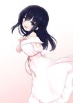  1girl :d absurdres arm_behind_back arm_cutout bare_shoulders black_hair blush breasts dress feet_out_of_frame floating_hair from_side hair_between_eyes hand_on_own_chest highres idoly_pride kagarimi leaning_forward long_dress looking_at_viewer lower_teeth_only medium_breasts nagase_mana off-shoulder_dress off_shoulder one_side_up open_mouth pink_ribbon purple_eyes ribbon sidelocks smile solo teeth waist_ribbon white_dress 