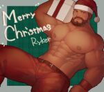  1boy abs bara beard belt biceps box brown_hair bulge carrying_over_shoulder christmas commentary facial_hair gift gift_box hat large_pectorals looking_at_viewer lying male_focus mature_male merry_christmas muscular muscular_male navel nipples on_back original pants pectorals red_pants ryker santa_costume santa_hat short_hair smile solo spread_legs stomach symbol-only_commentary thick_thighs thighs topless_male 
